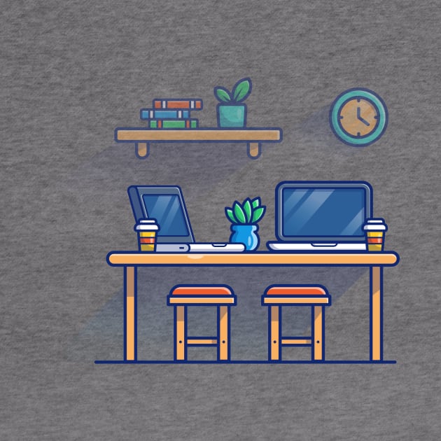 Table, Chair, Laptops, Plant, Clock, Books, And Cups Cartoon by Catalyst Labs